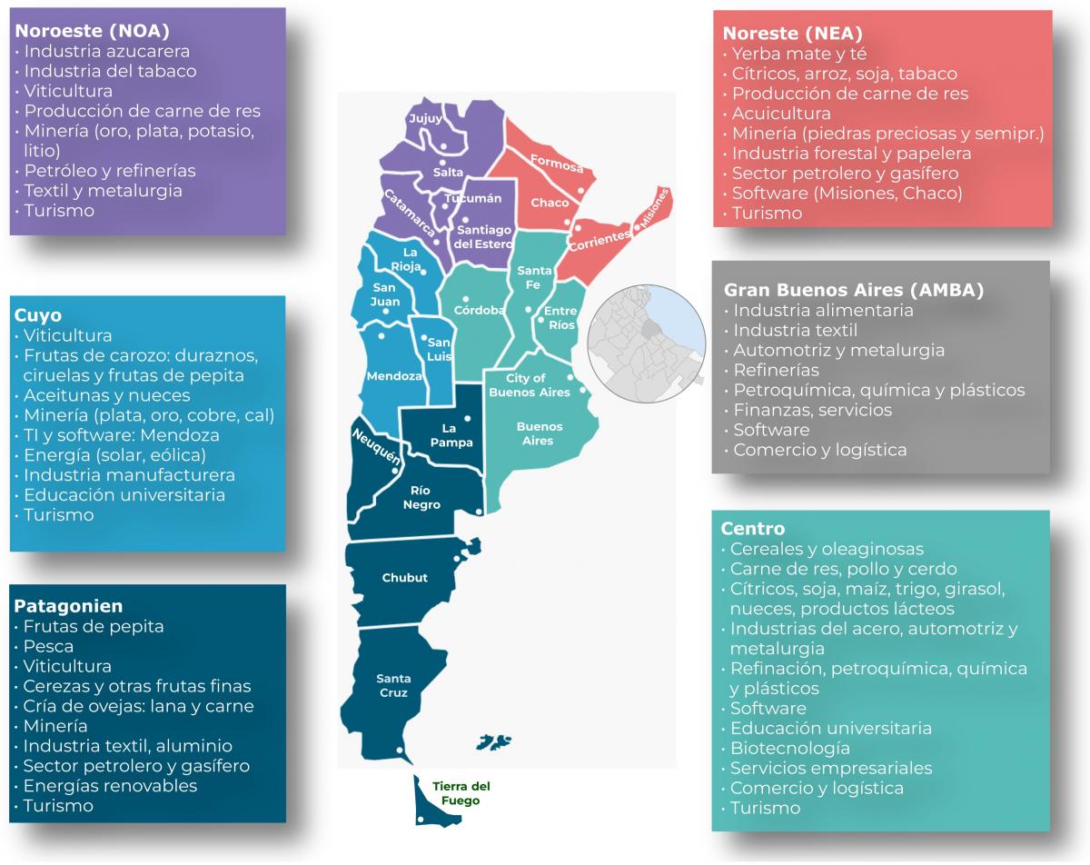 Mapa de las regiones económicas y las actividades productivas de Argentina
